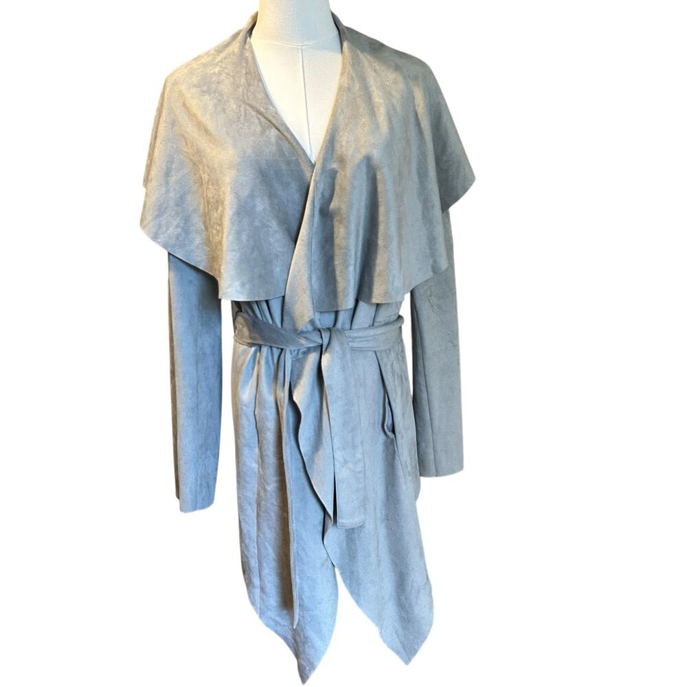 C. Luce Faux Suede Jacket Coat LG Gray Slouchy Shawl Collar Drapery Uneven Hem